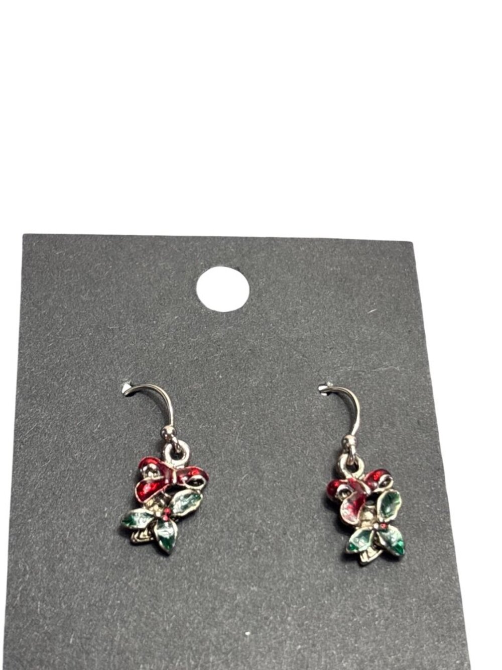 Holly Berries Dangle Earrings Enameled Green Red .75 inch
